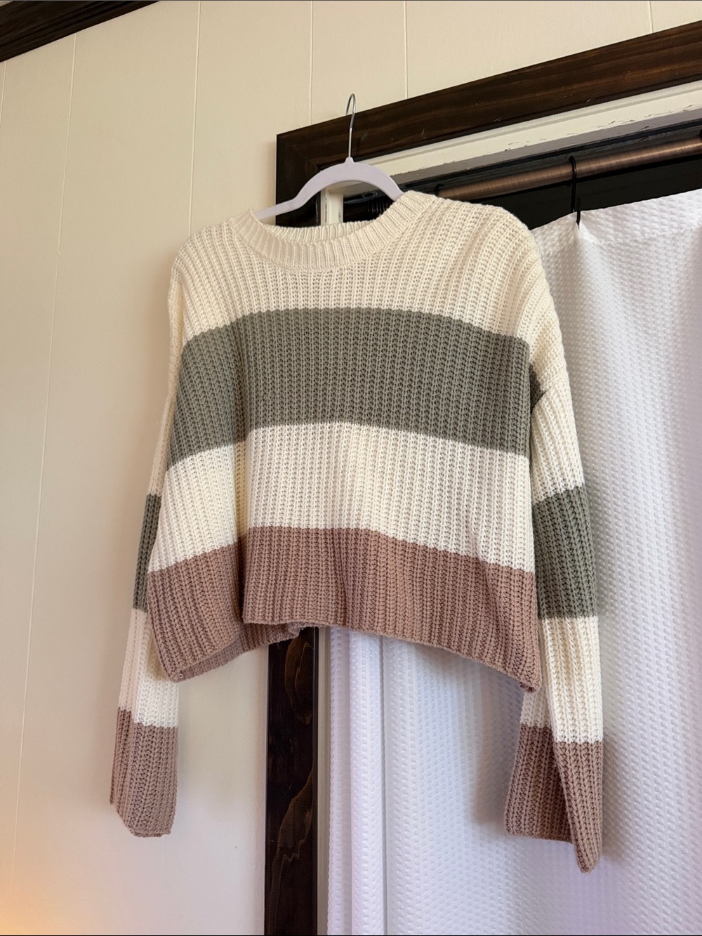 Sincerly Jules Striped Crewneck Sweater in Cream, Olive & Taupe